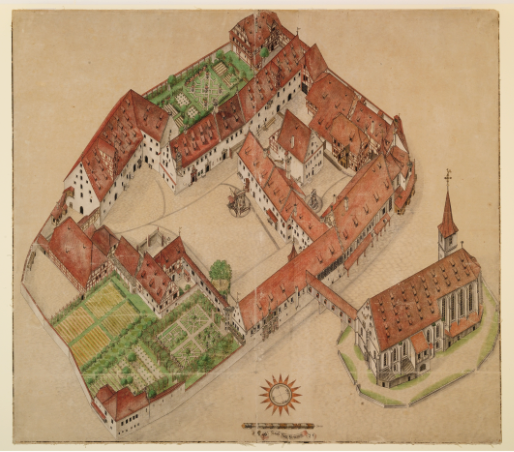 Eine historische Illustration zeigt die Deutschordenskommende als weitläufige Anlage mit mehreren Gebäudeflügeln, einem zentralen Innenhof, zwei Gartenbereichen und einer angrenzenden Kirche mit spitzem Turm.