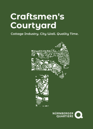 Green graphic featuring the white lettering “Craftsmen’s Courtyard” and the slogan “Cottage Industry. City Wall. Quality Time.”