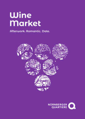 Purple graphic with the white lettering „Wine Market Quarter“ and the slogan „Afterwork. Romance. Date.“