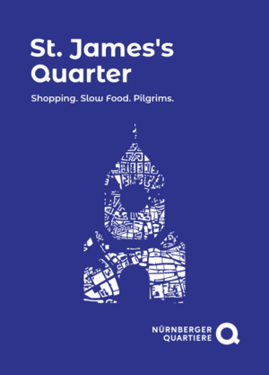 Dark blue graphic with the white lettering "St. James's Quarter" and the slogan "Shopping. Slow Food. Pilgrims."