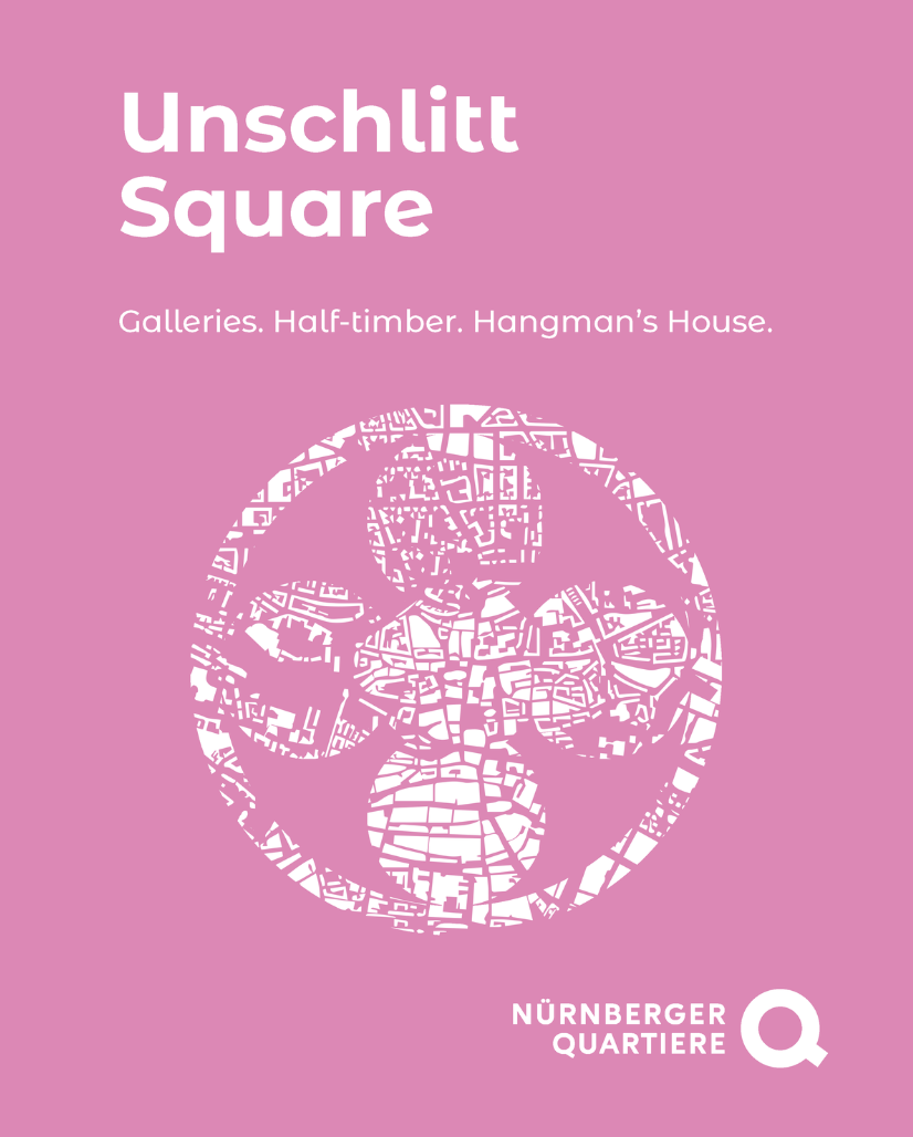A pink postcard featuring the text "Unschlitt Square" and the keywords "Galleries. Half-timber. Hangman’s House." In the center is a circular city map detail of Nuremberg.